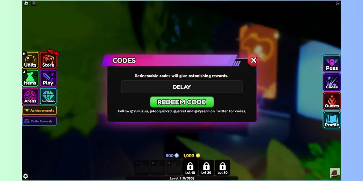 cách nhập code Anime Vanguards bước 2